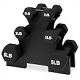 Neoprene Coated Iron Dumbbell Hex Weights Set with Stand – Color-Coded or Black Options with Non-Slip Grip for Strength Training, Resistance Workouts, and Home Gym Fitness