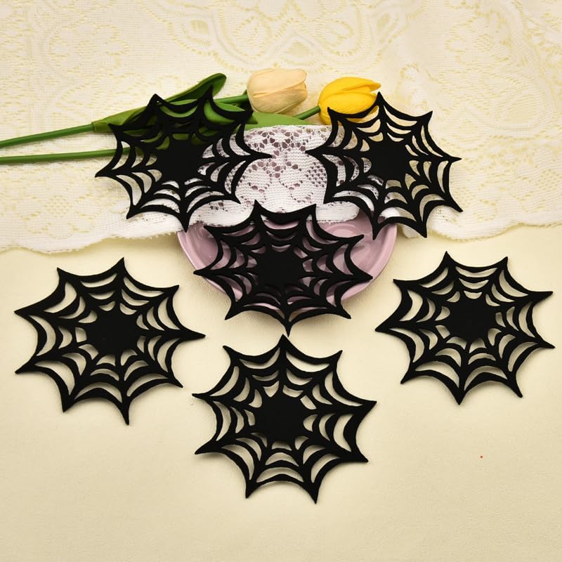 Halloween Drink Coasters Set of 6 Black Spider Web Coaster Spider Web Drink Coasters for Tabletop Protection Coffee Table Decor for Home Office Kitchen Bar Halloween Decor Doilies Placemats Set of 6 image 4