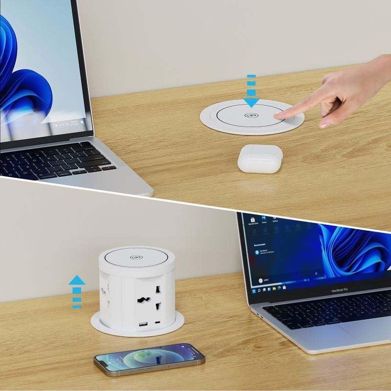 Image of Audiovan Vertical Pop Up socket Pneumatic Electrical Countertop 3* Power+ USB type A+C charger hdmi aND Lan Port RJ45, 18 watt Fast Wireless phone charge Conference Desk (White VMP-28)