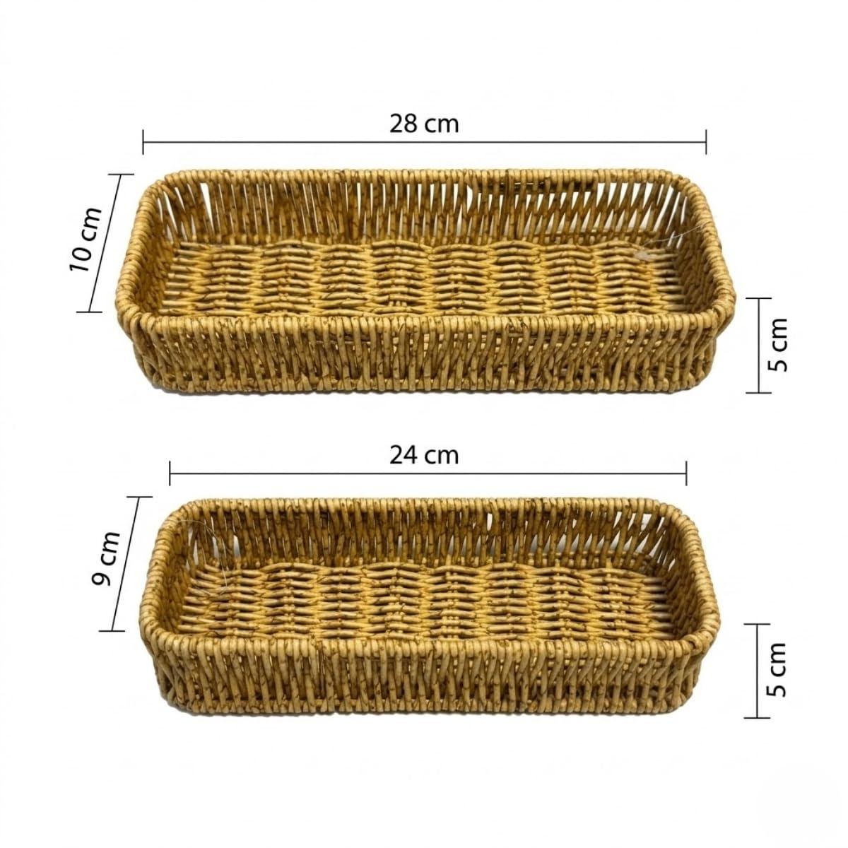 DEİNHAUS Hasır Örgü Dikdörtgen Sepet Tepsisi, 2'li Set, Doğal Renk, Ekmek ve Organizer Kullanımı, 28x10 cm ve 24x9 cm