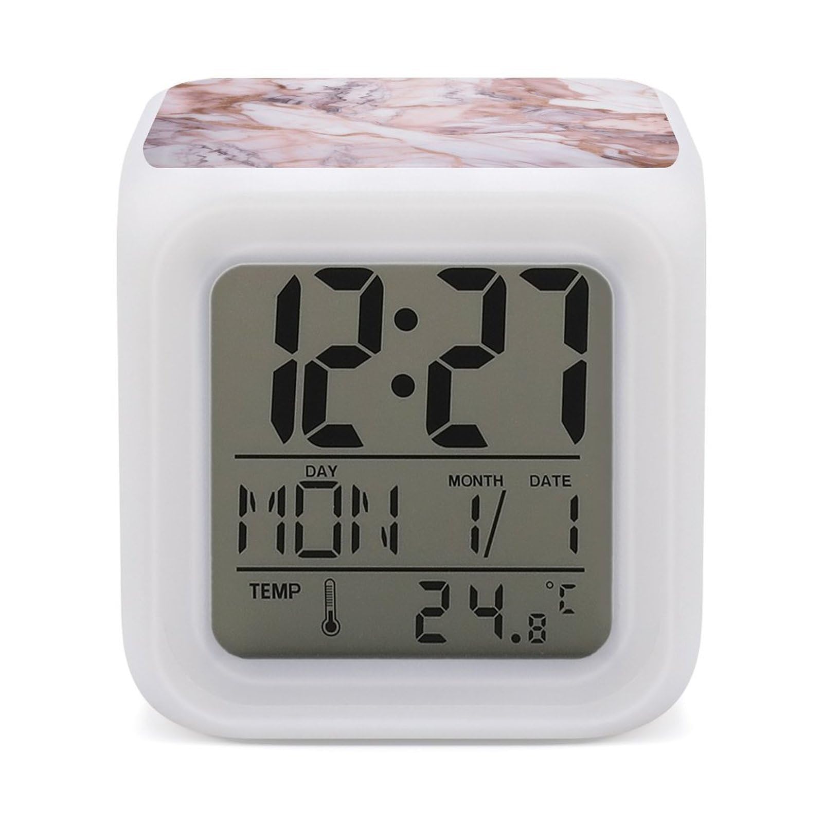 VstaDank Pink White Marble Pattern Alarm Clocks with 7 Color Changing Night Light Exquisite Bedroom Digital Clocks with LED Temperature Display Desk Clock Ok to Wake Clocks for Heavy Sleeper