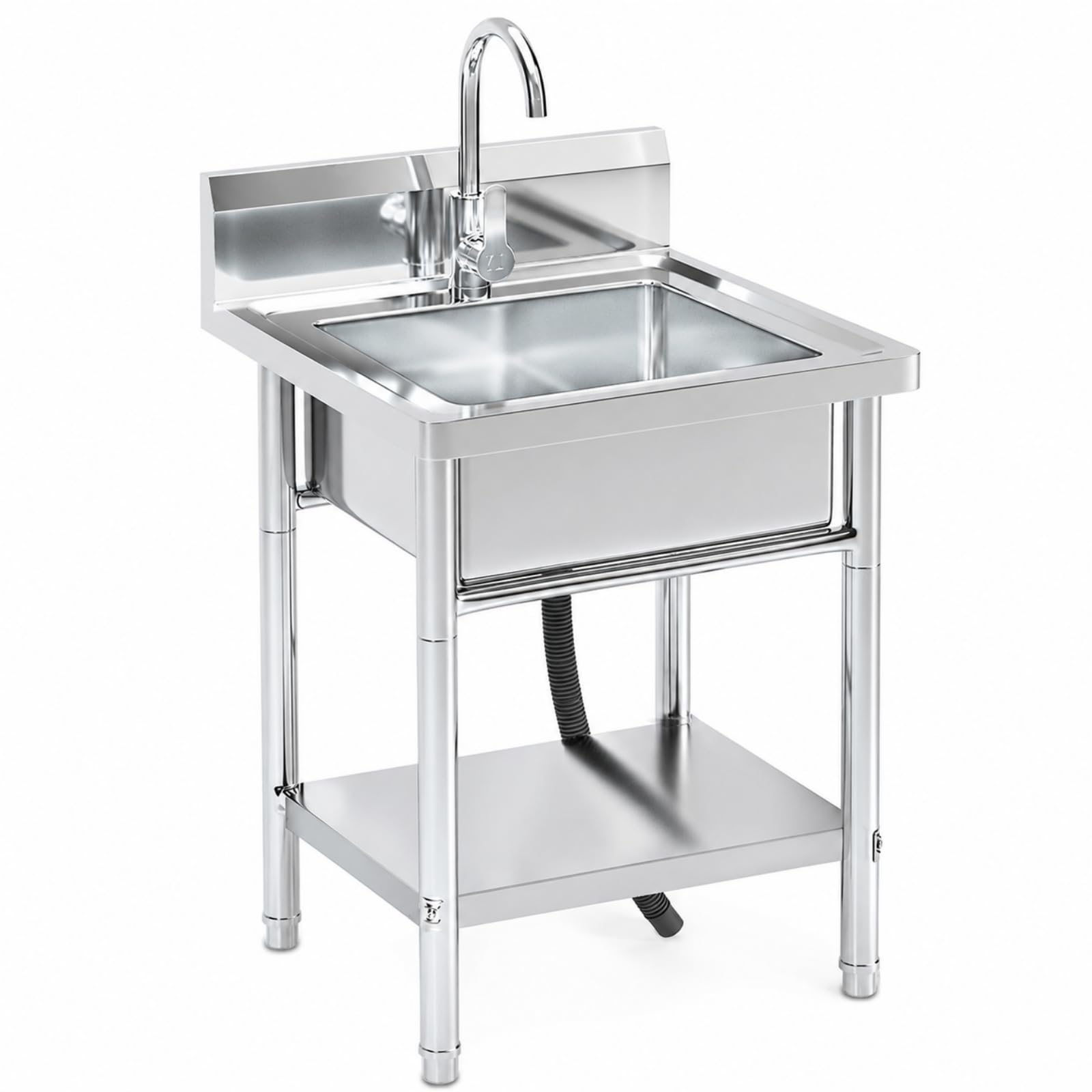 RiveraSink Fregadero Inox Autoportante 50x50 cm 1 Cubeta Exterior | Acero Inoxidable, Salpicadero Trasero, Grifo Incluido, 1 Cubeta Amplia, Patas Regulables, Kit de Desagüe, Uso Exterior