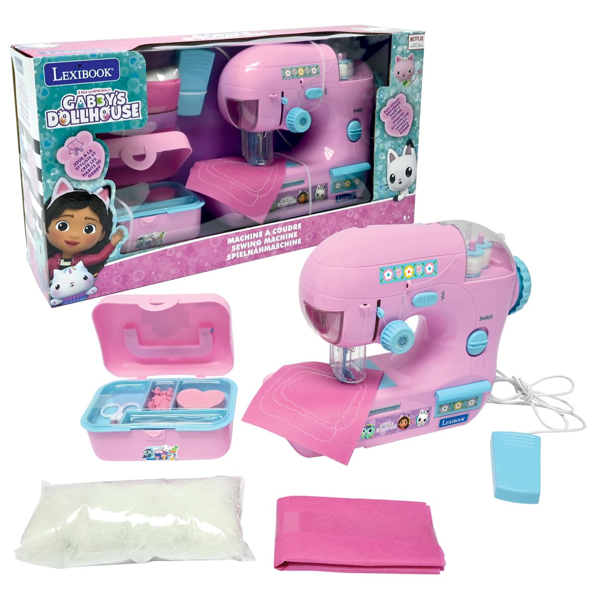 LEXIBOOK, Gabby's Dollhouse, Sewing machine with accessories, light and pedal, role play toy, fashion design game, Pink, SW100GDHLXB