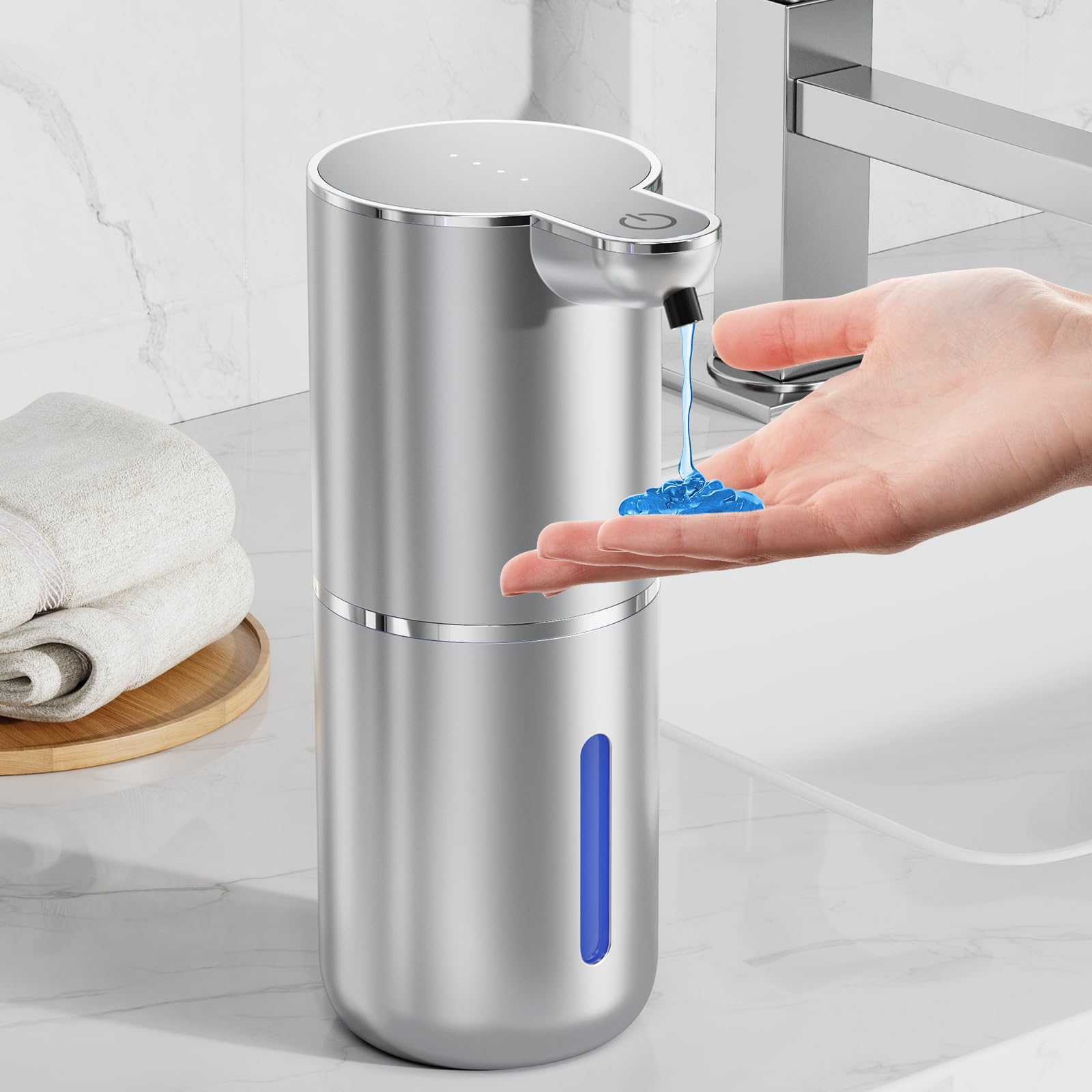 Fantictas Automatischer Seifenspender, elektrischer Flüssigseifenspender, USB wiederaufladbar, 4 Stufen verstellbar, 380 ml Wandhalterung, geeignet für Badezimmer/Küche/Geschirrspülmittel, Silber