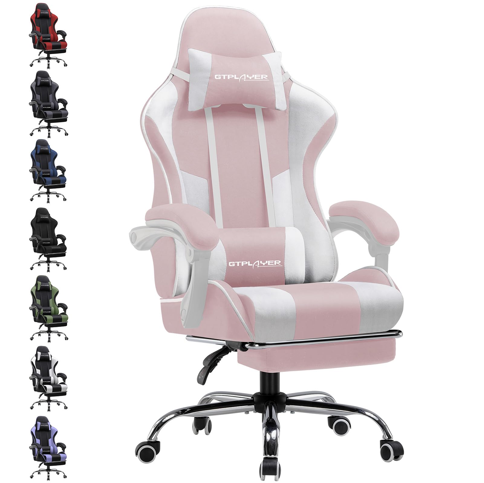 GTPLAYER Gaming Stuhl Stoff, Bürostuhl Massage Gaming Sessel Ergonomischer Gamer Stuhl mit Fußstütze, Gepolstert Gaming Chair, Drehsessel 150KG, rosa