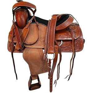Premium Western Leather Horse Saddle with Comfortable Durable Padded Seat, Hand Tooled Floral Carved Cowboy Saddle, Luxury Equestrian Tack – 13″ to 17″