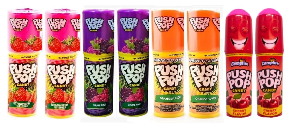 Push Pop Candy – Assorted Flavors (Strawberry, Grape, Orange & Cherry) – Fun Lollipop Tubes – Pack of 8 (Imported)