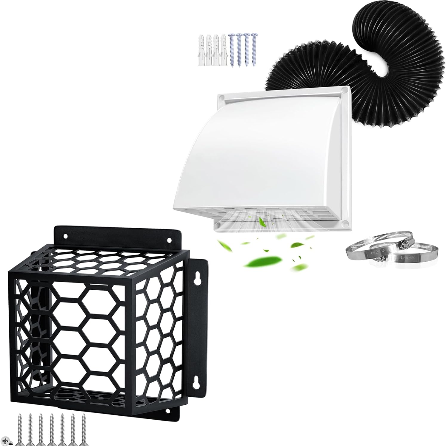 4In Dryer Vent Cover Outside with Hose (4In*8Ft) and 2 Clamps + Dryer Vent Bird Guard Universal, Heavy-Duty Galvanized Steel Outdoor Vent Cover