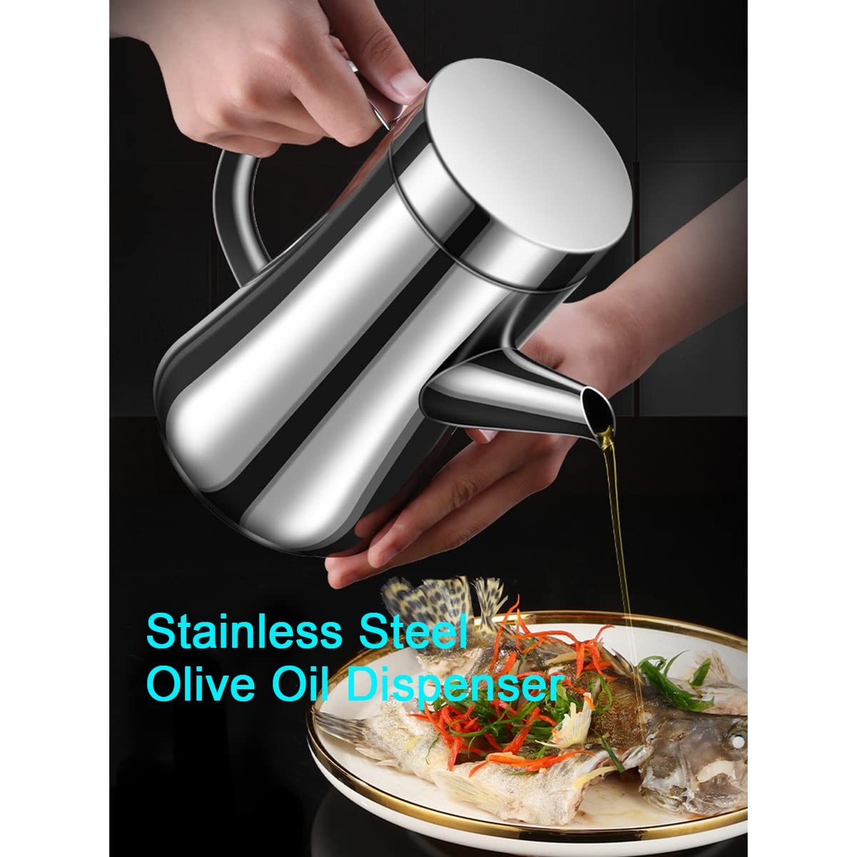 Bottiglia dispenser per olio, in acciaio inox, a prova di perdite, per olio d'oliva e aceto, per cucinare in cucina, capacità 600 ml, perfetto contenitore per salse