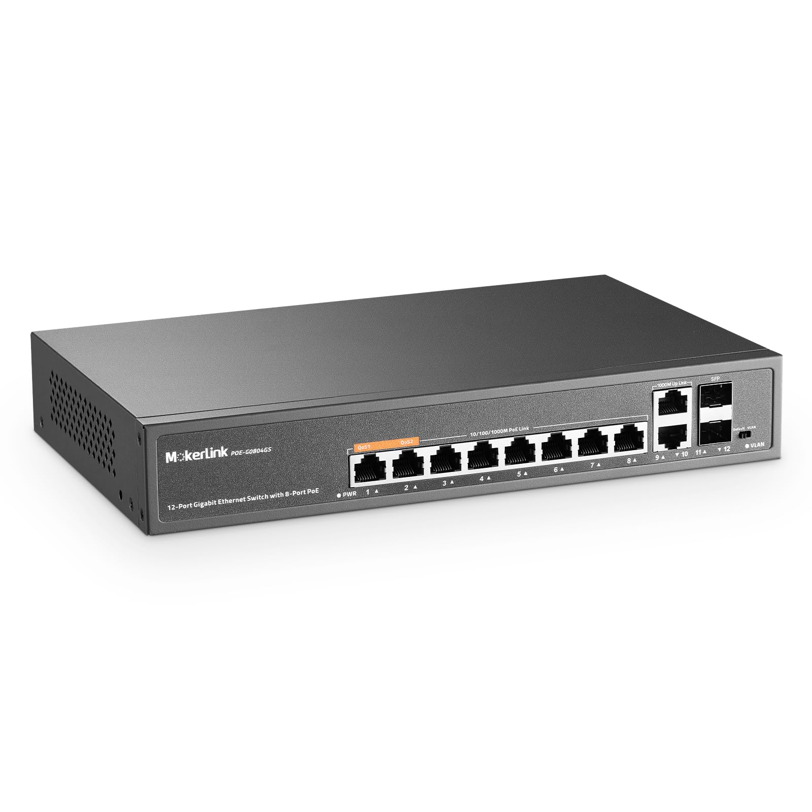 MokerLink 12 Port Gigabit PoE Switch mit 8 PoE+ Port, 2 Gigabit Uplink, 2 SFP Port, 120W AI Detection, Qos & Extend, lüfterloser Metall Plug & Play Unmanaged Netzwerk Switch