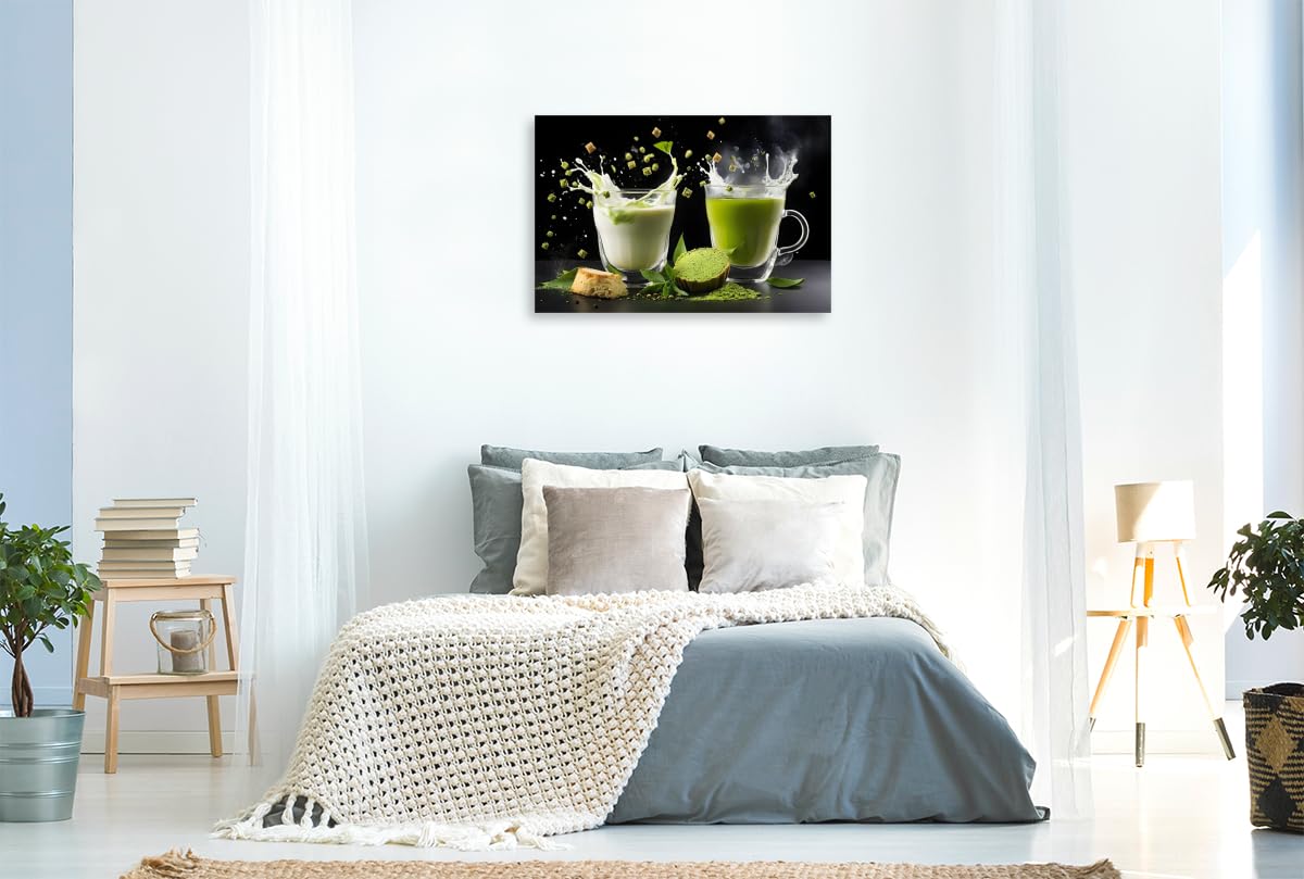 CALVENDO · Vegane Matcha-Latte-Drinks mit Hafermilch und Matcha (Leinwand) | 90 × 60 cm Querformat · Textil-Leinwand auf Keilrahmen · Trendige Matcha-Genusskreationen