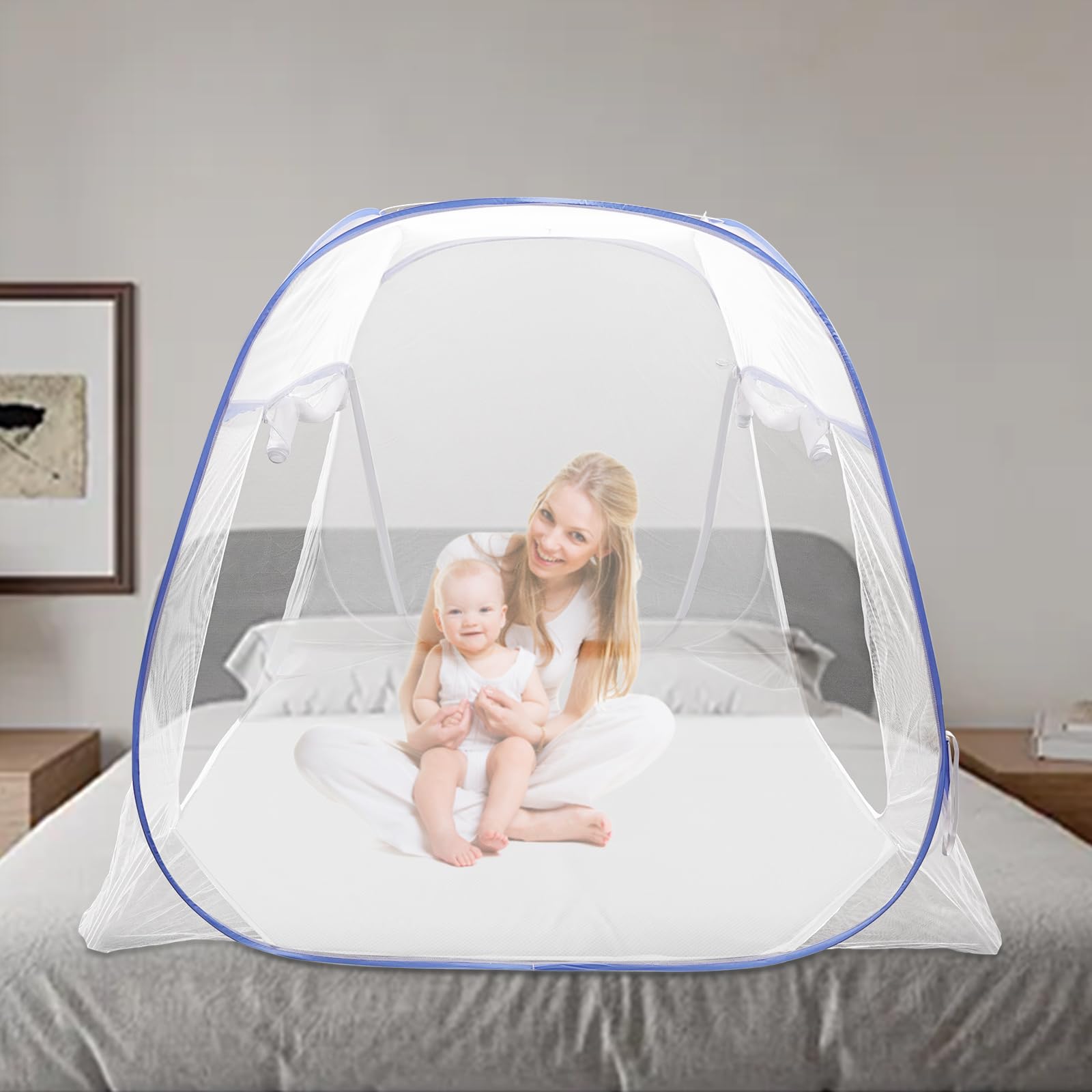 Zanzariera per letto pop-up a doppia porta, portatile, con bordo a doppia porta, tenda da campeggio, 198 x 180 x 160 cm, blu, per attività all'aperto, campeggio, viaggi, camera da letto