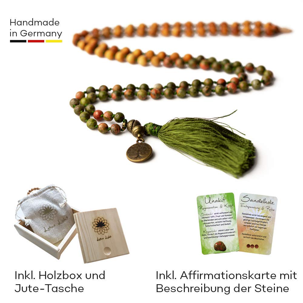 Unakit Edelsteinschmuck Mala Edelsteinkette Yoga Meditation Geschenk-Set mit Holzbox Jute-Täschchen Affirmationskarten REGENERATION & KRAFT Naturstein Sandelholz handgemacht in Deutschland