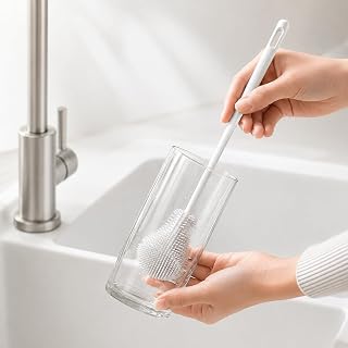 Foldable Long Handle Bottle Brush, Flexible Silicone Cleaner for Cups | Soft silicone bristles, 11.42 in long handle, foldable head, deep cup cleaning, easy rinse, hanging storage, home use