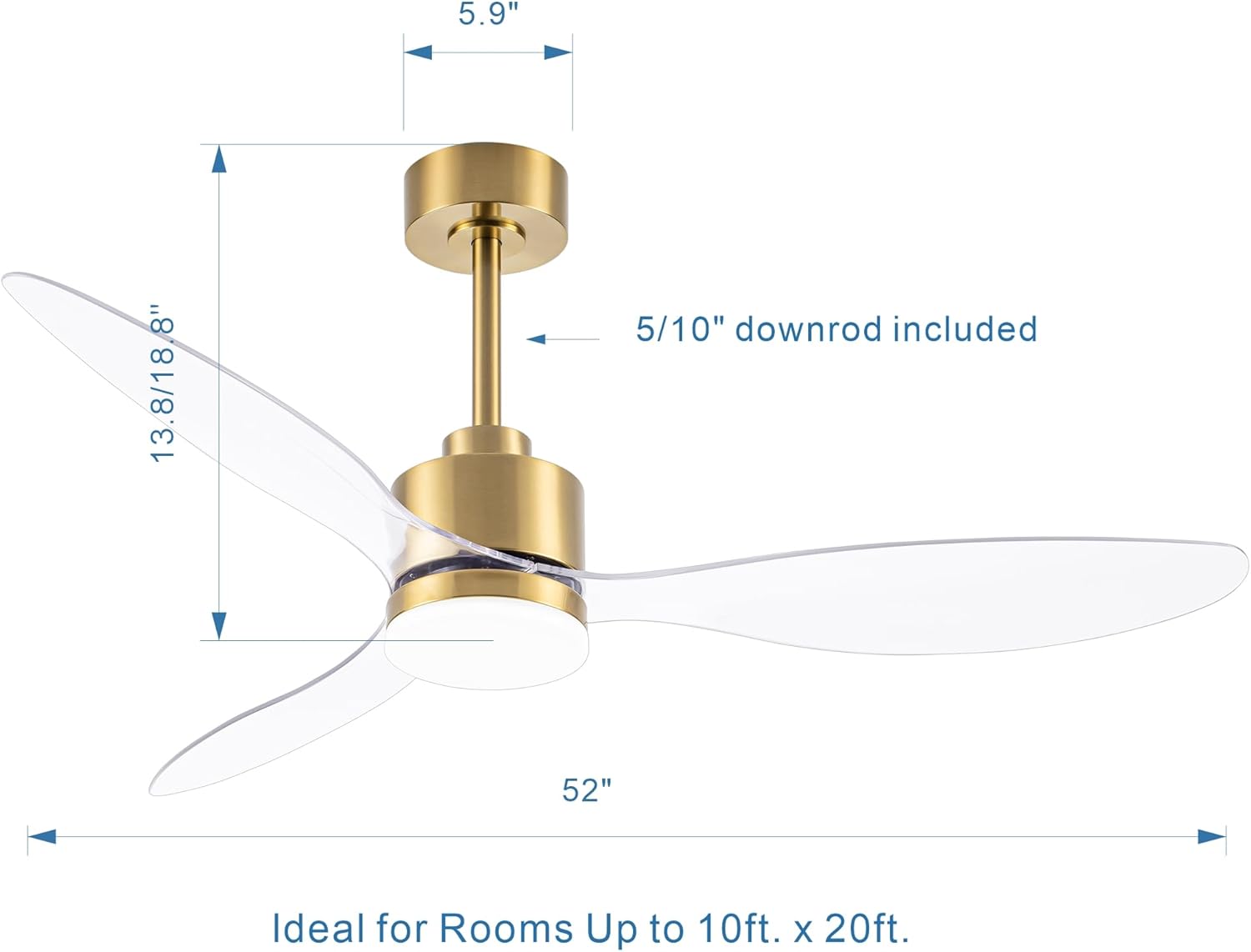Gold and Clear 52 Inch LED Ceiling Fan with Remote Control