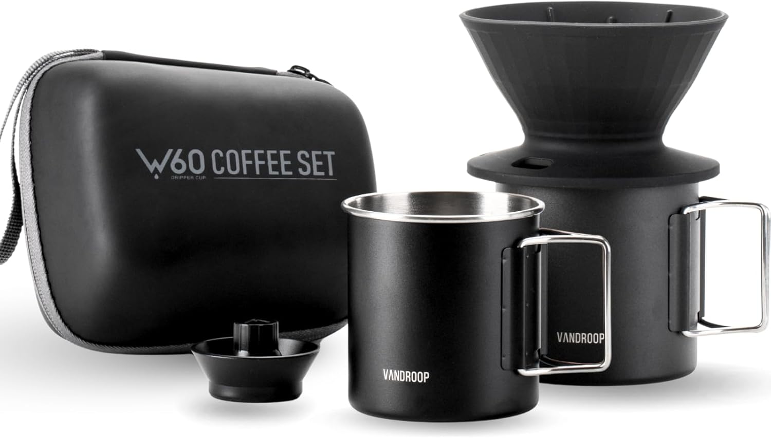 Camping Pour Over Coffee Maker Set, Travel V60 Set - Collapsible Silicone Coffee Dripper, 2 Portable Stainless Steel Cups, With 10 pcs V60 Paper Filter (BLACK, for 2-3 People)