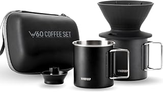 Vandroop Juego de cafetera para camping, juego de viaje V60, gotero de café de silicona plegable, 2 tazas portátiles de acero inoxidable, con 10 filtros de papel V60 (color negro, para 2-3 personas)