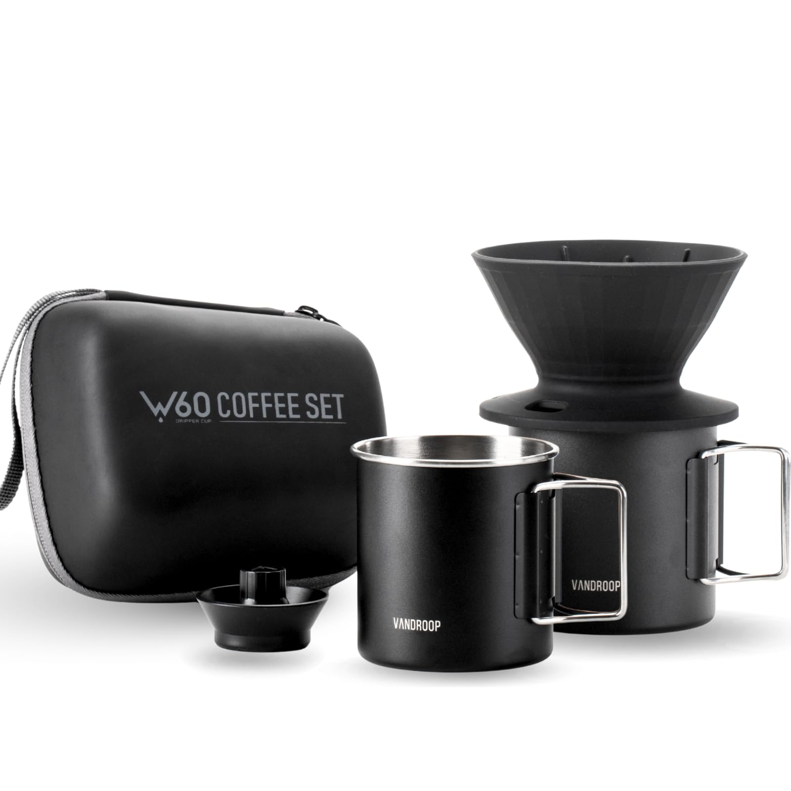 Vandroop Juego de cafetera para camping, juego de viaje V60, gotero de café de silicona plegable, 2 tazas portátiles de acero inoxidable, con 10 filtros de papel V60 (color negro, para 2-3 personas)