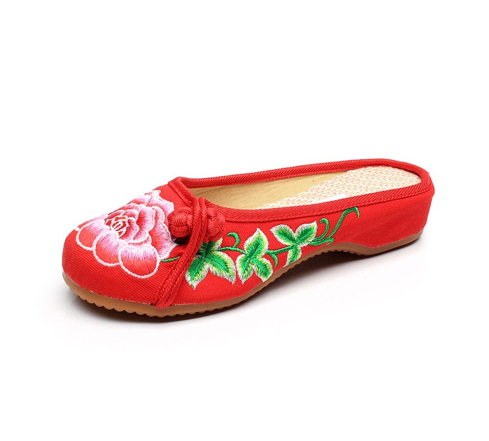 Lazutom Women's Red Vintage Chinese Style Embroidery Casual Walking Slippers (Eu 38, )