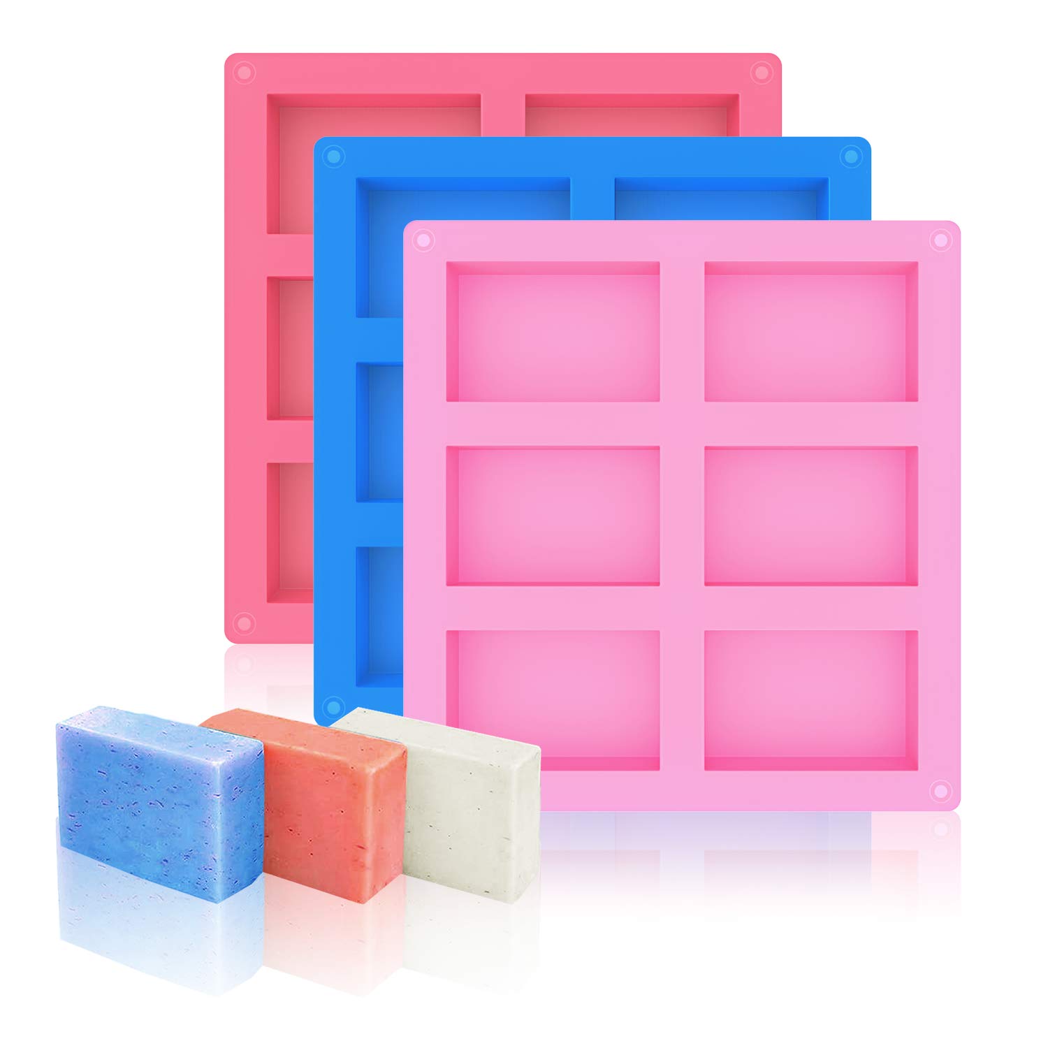 Bassion Silicone Soap Molds Set of 3, 6 Cavities Rectangle Silicone Molds for Soap Making, Cake, Candle, Homemade Craft, Chocolate Mold ＆ Ice Cube Tray (Blue)