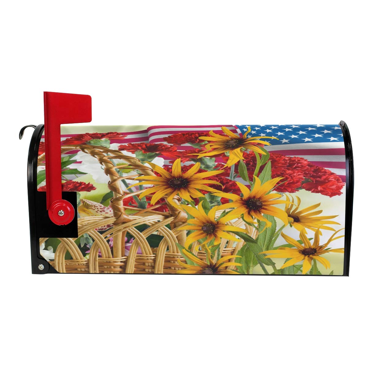 WOOR American Flag and Sunflowers Flowers Magnetic Mailbox Cover MailWraps Garden Yard Home Decor for Outside Standard Size-18