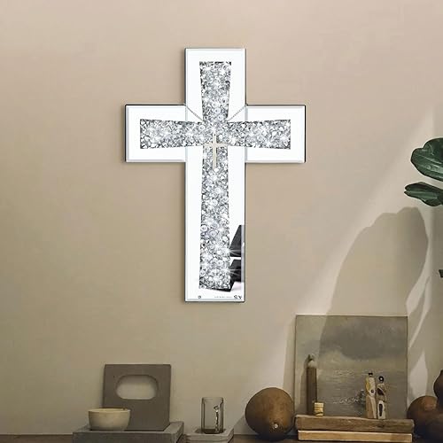 Miniatura 8 de Aeveco Espejo de cruz plateada para decoración de pared, cruz de espejo de diamante aplastado de cristal para sala de estar, dormitorio, decoración