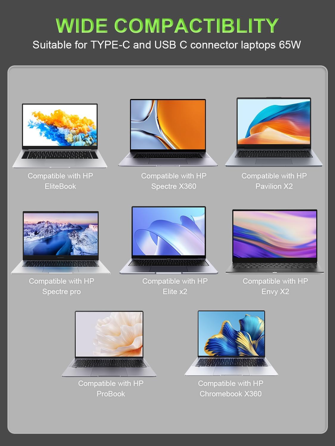 Slim 65W USB-C Charger Compatible with HP Elitebook, Spectre, Envy, ProBook, Pavilion, Fortis, OmniBook,ZBook Firefly, Elite x2, Chromebook X360 Laptop Travel Fast Charging Adapter - Image 3