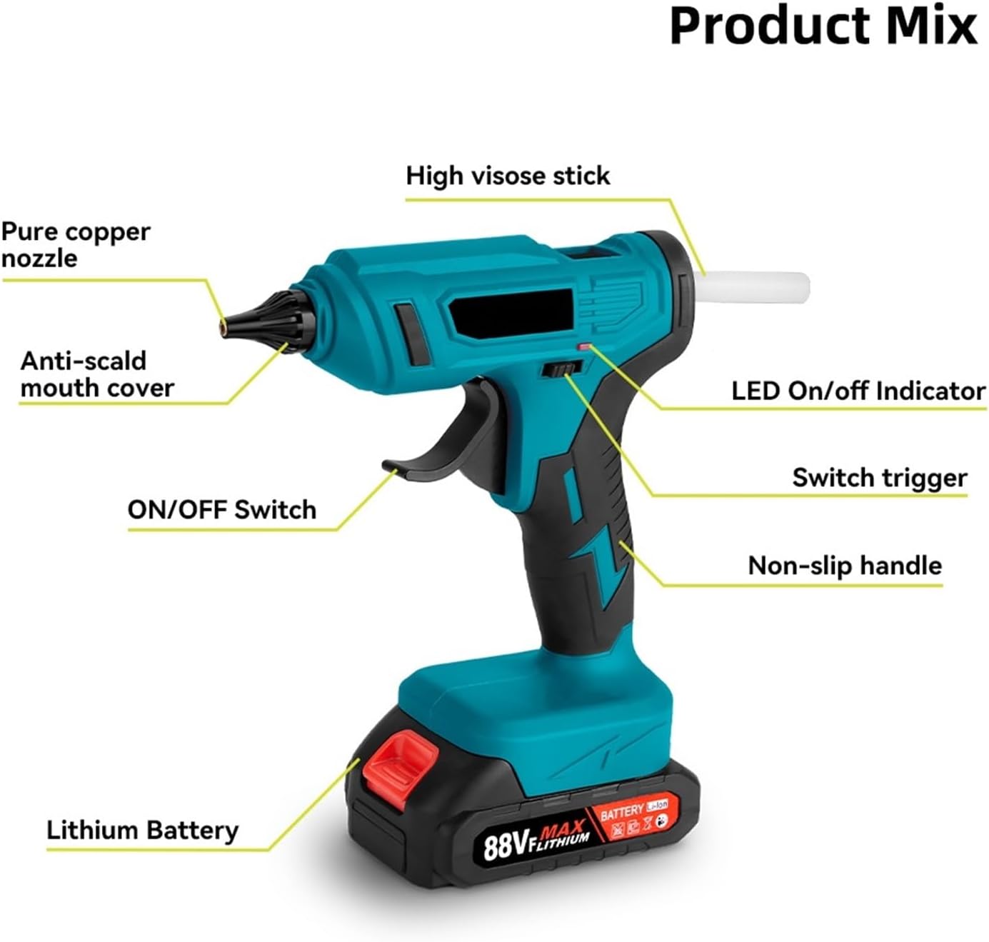 Hot Glue Gun Cordless Electric Hot Melt Glue Gun 11mm Glue Stick Anti Scald Nozzle Rechargeable DIY Repair Tool for 18V Battery for DIY Arts, Crafts and Quick Repairs(1 Battery)