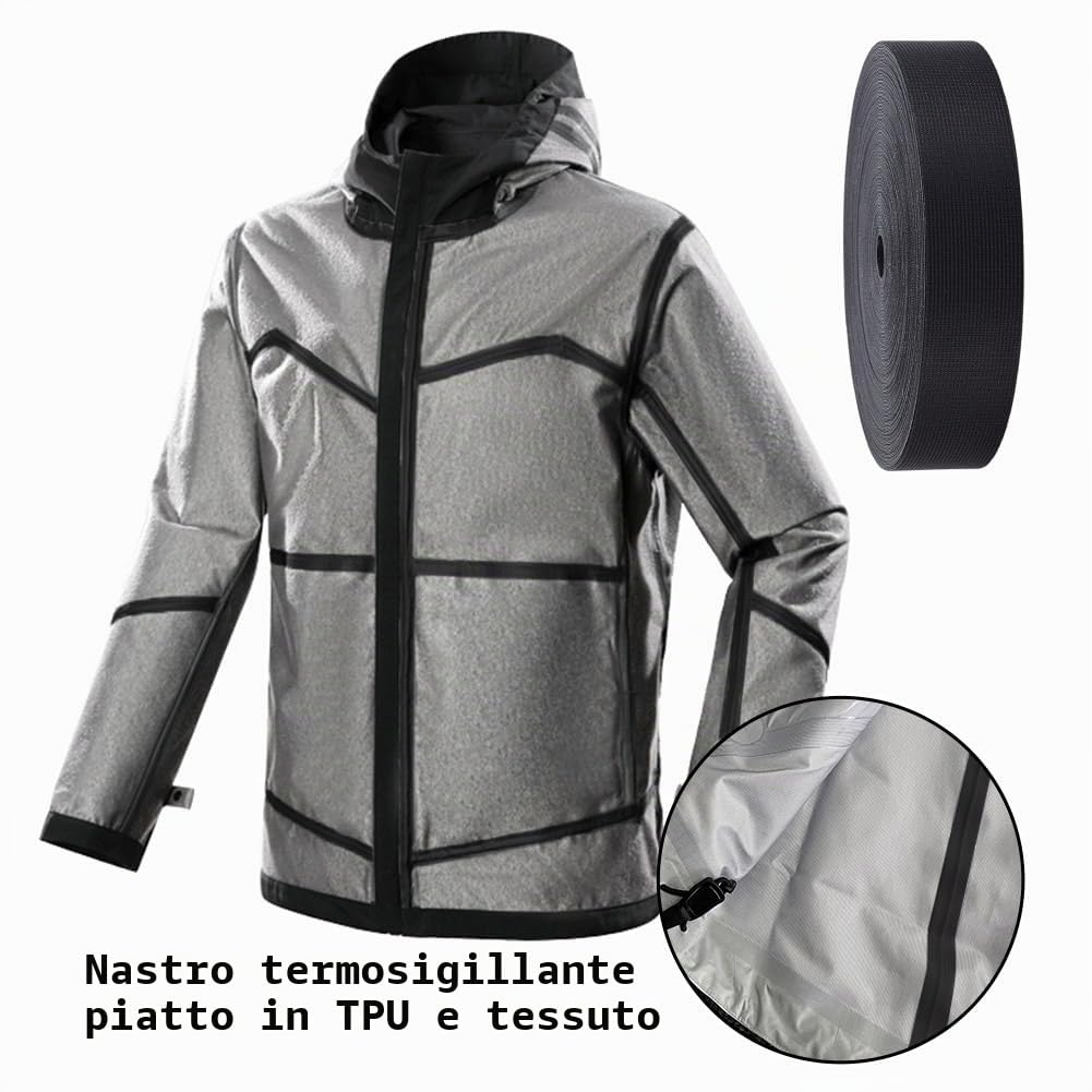 AHANDMAKER Nastro di tenuta termica in tessuto impermeabile per stirare, sigillatura cuciture, nastro di riparazione, nastro di tessuto resistente al calore per giacche, impermeabile nero
