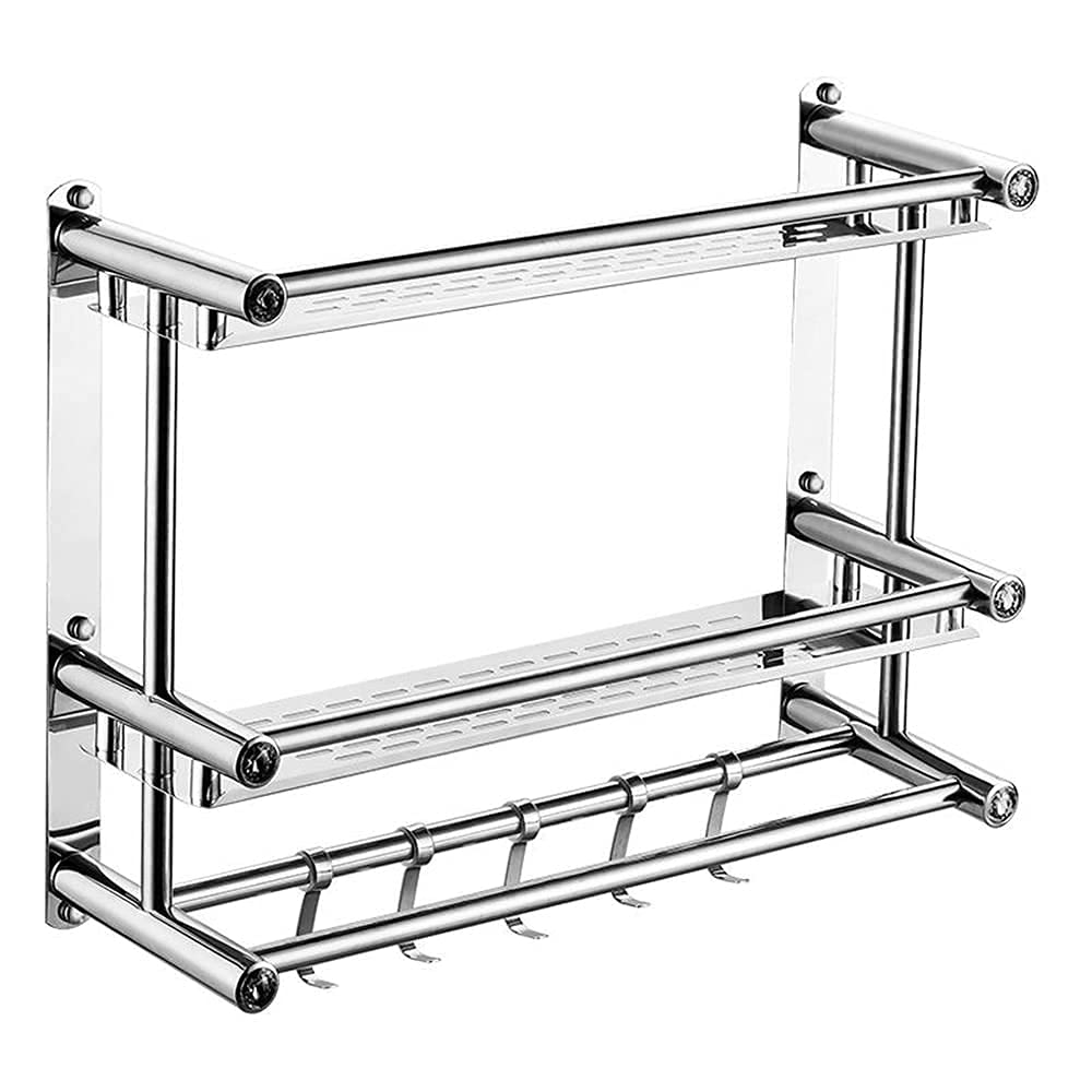Towel Bar 2 Tier Bathroom Square Shower Shelf with Double Towel Bar Shower Caddy with 5 Hooks No