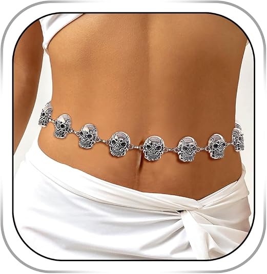 Abien Womens Skull Belly Chain Silver Halloween Belt Chain Punk Skull Waist Chain Gothic Chain Belt for Outfit Jeans Dress
