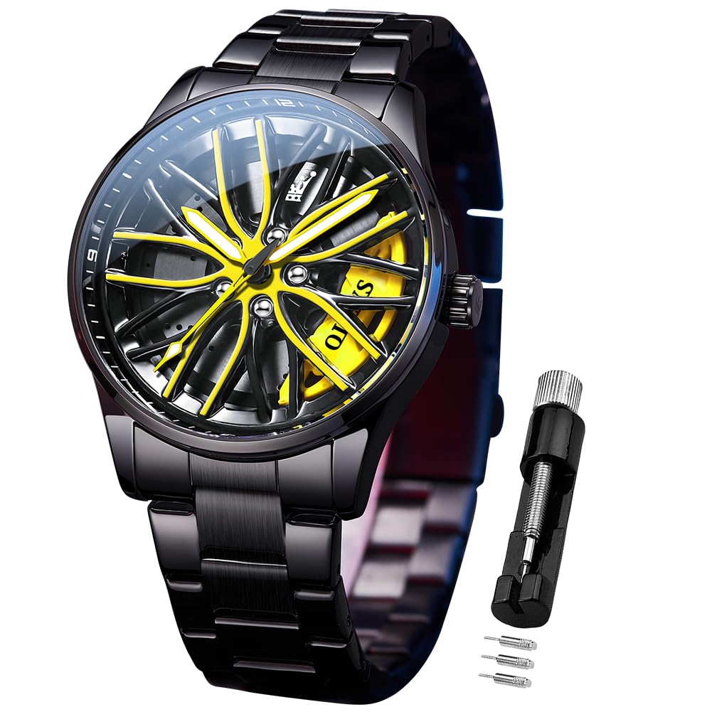 OLEVS Herrenuhren Drehende Auto-Rad Quarzuhren Modischer Sport Edelstahl Herrenarmbanduhr Leuchtend Wasserdicht für Männer