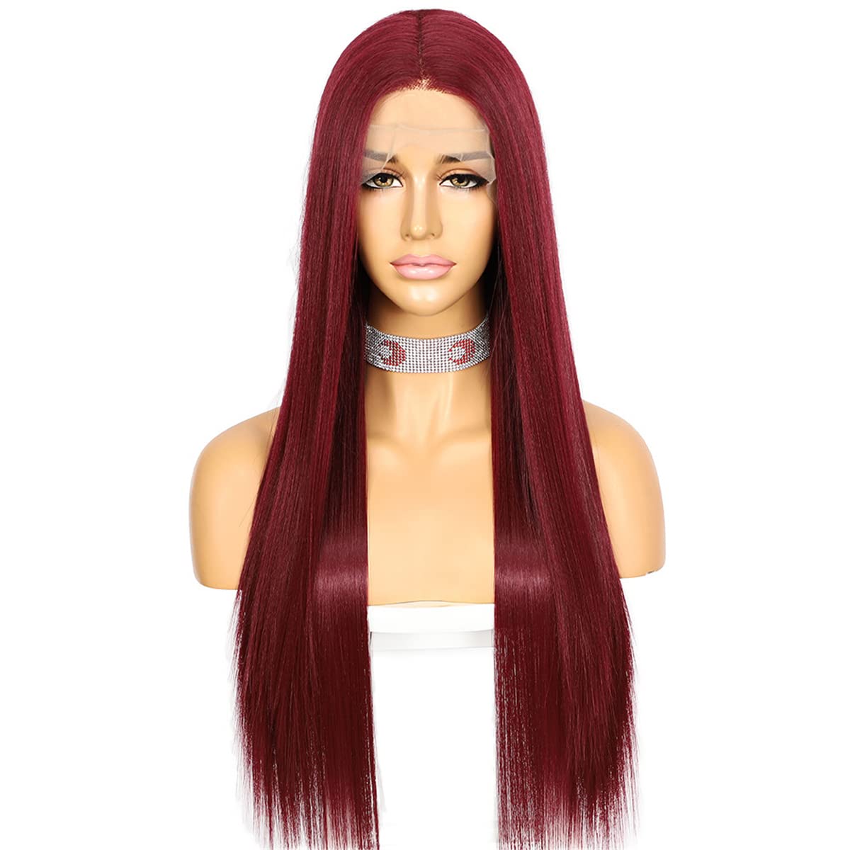 INPETS Synthetische Perücken Mit Spitze Vorne,Burgunderrote Synthetische Spitzeperücke Für Frauen Lange Gerade Faser Tägliche Hochzeit Make Up Schicht Tiefe Mittlere T Teil Hitzeperücke,26 inch