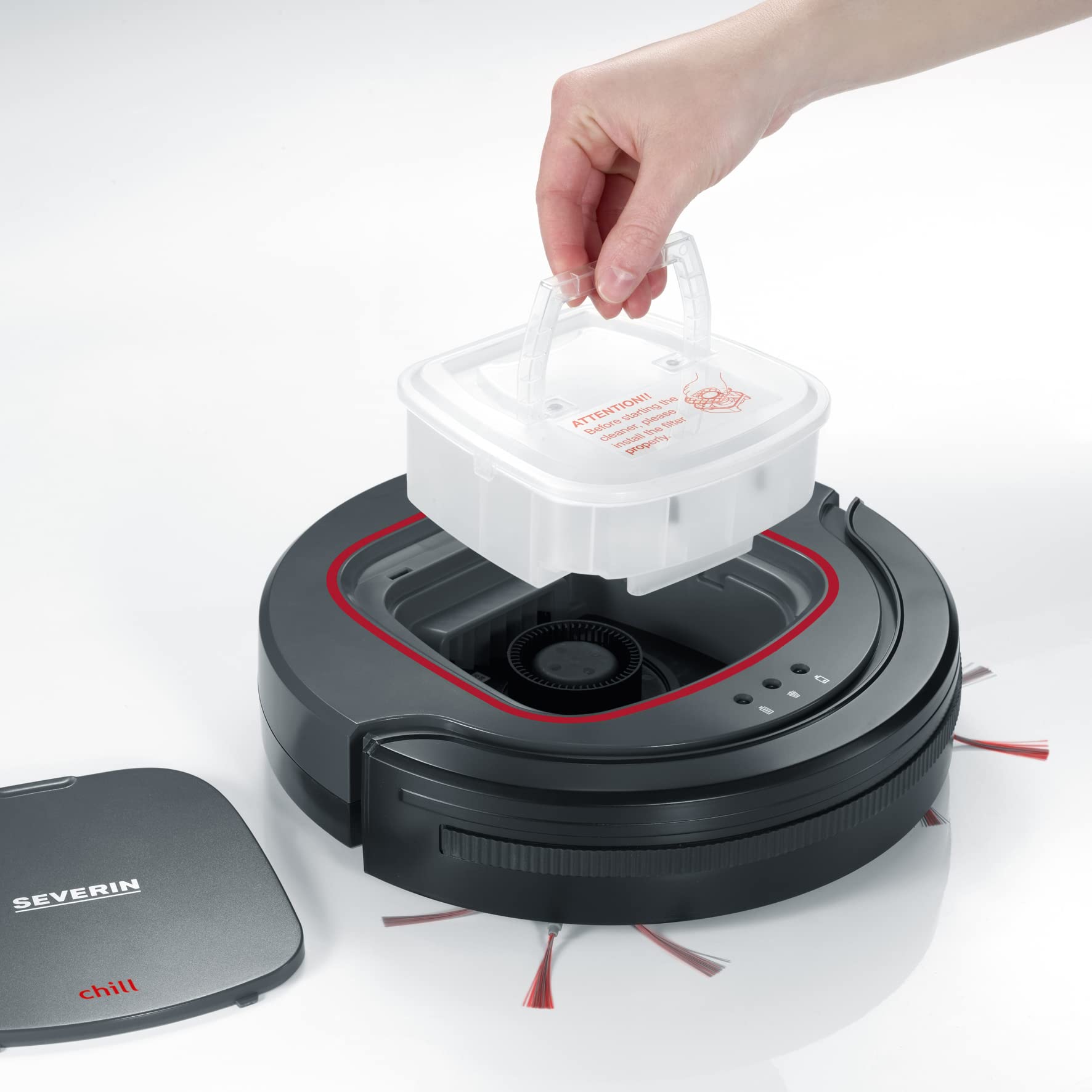 SEVERIN Robot aspiradora Chill®, aspirador potente para suelos duros y alfombras de pelo corto, robot de limpieza extraplano con detección de escaleras, gris platino, RB 7025