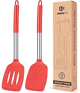 Pack of 2 Silicone Solid Turner, Non Stick Slotted Kitchen Spatulas, High Heat Resistant BPA Free Cooking Utensils, Ideal Cookware for Fish, Eggs, Pancakes(Red)