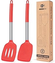 Pack of 2 Silicone Solid Turner, Non Stick Slotted Kitchen Spatulas, High Heat Resistant BPA Free Cooking Utensils, Ideal Cookware for Fish, Eggs, Pancakes(Red)