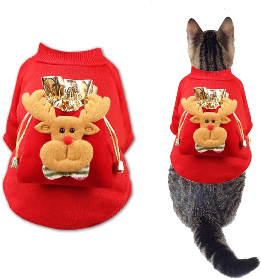 Christmas Dog Costume Sweater Christmas Dog Red Suit with Elk Bag Accessories Christmas Adjustable Cats Costume Clothes, Christmas Costume Cloth for Cats Dogs Animal Christmas Party Supplies, S Size