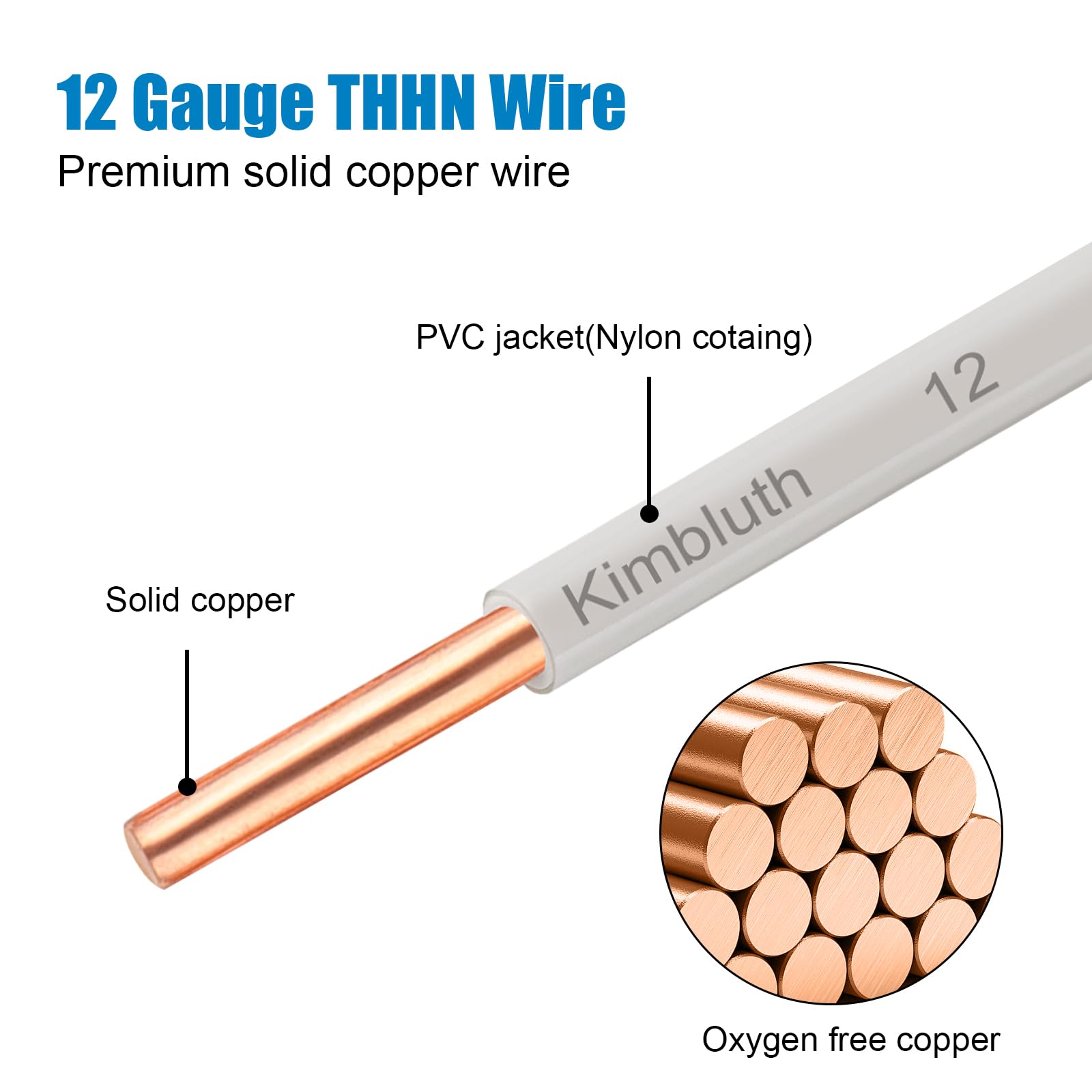 THHN Wire 12 Gauge 50 FT OFC Electrical Wire, 12 AWG Solid Copper Wire Rated up to 600V Building Wire Nylon Jacket for Residential, CNC, Ground, Industrial (12 Gauge, White)