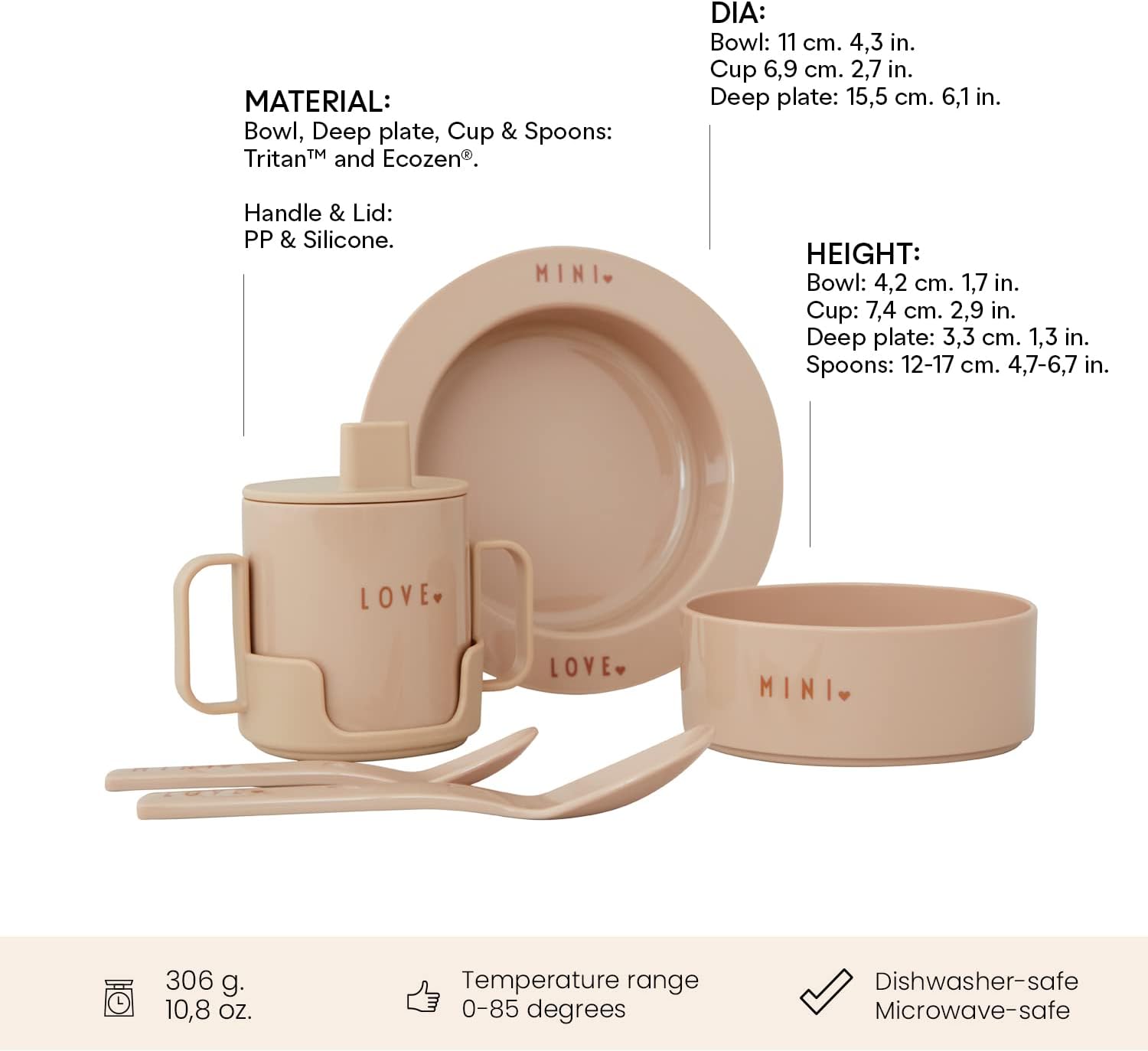 Design Letters Mini Favourite Starter Set Beige | Includes Sippy cups, suction baby bowl, kids deep plate, sippy cups lids, handle and 2 Spoons | BPA-free, BPS-free, drop-safe & dishwasher safe