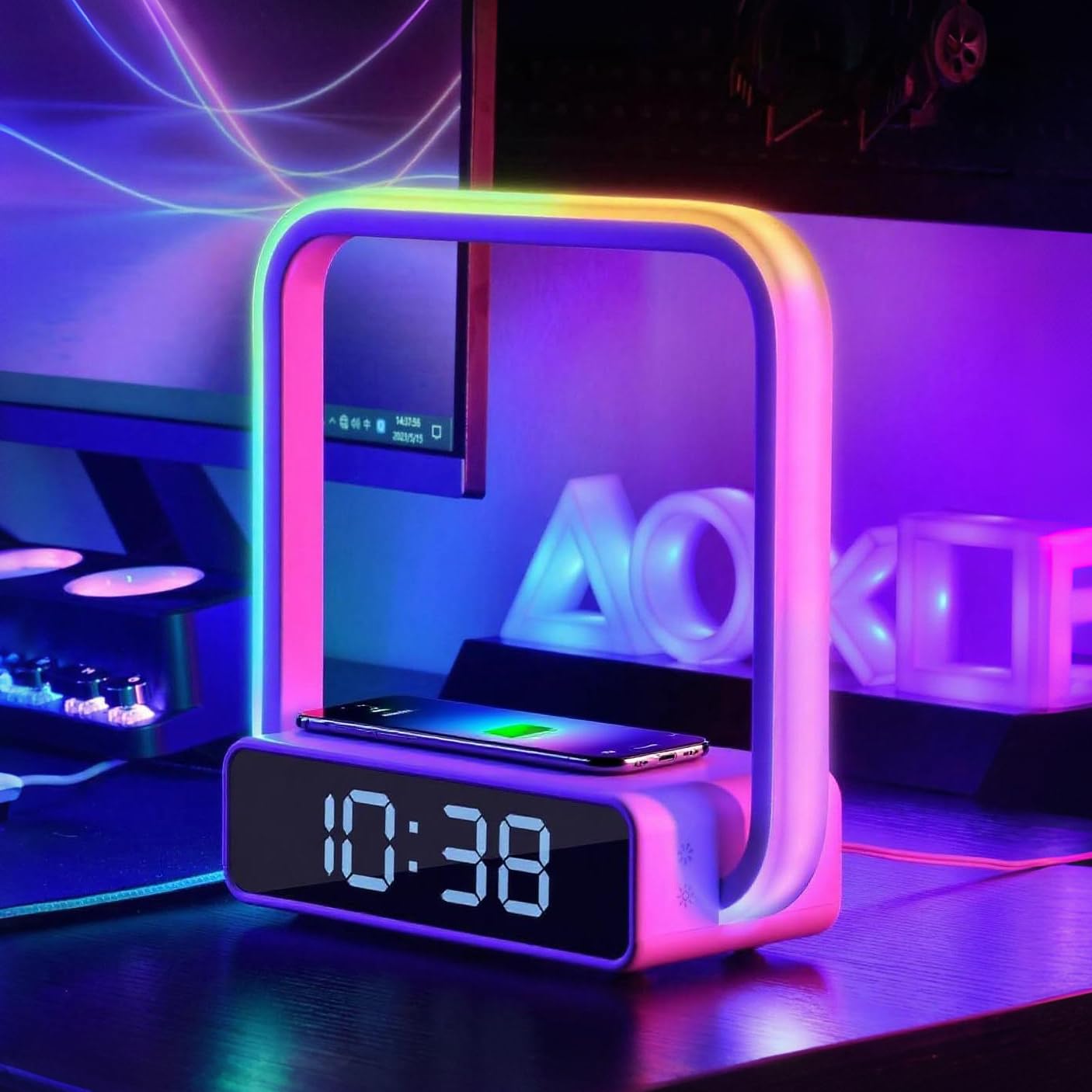 Nachttischlampe Tischlampe mit 10W Kabelloser Ladefunktion RGB Farben Stimmungslicht LED Lichtwecker Touch Dimmbar mit 3 Helligkeitsstufen Nachtlicht Wecker mit Licht für Kinderzimmer Schlafzimmer