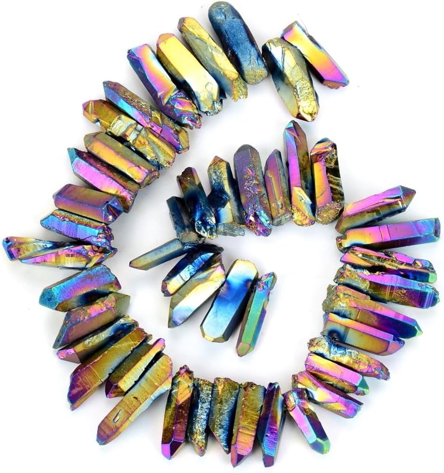 Adabele 30 Inch Natural Raw Healing Crystal Quartz Gemstone Loose Beads Medium Drilled Point Rainbow AB Titanium Coated Chakra Gem Stone Drop Stick GA-D5
