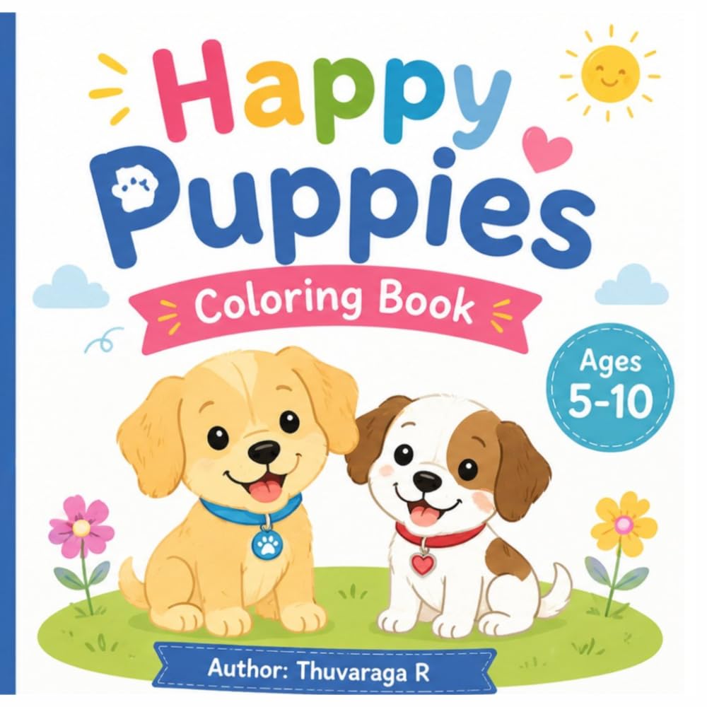 Happy Puppies Coloring Book: A Fun and Easy Dog Coloring Book for Kids Ages 5–10 with Cute Puppies, Dogs, and Simple Illustrations to Color