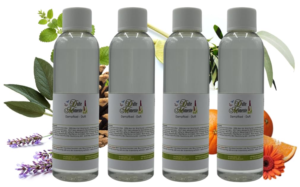 Dufte Momente Dampfbad Duftkonzentrat Set – 4×250 ml – Allgäuer Bergkräuter, Eukalyptus, Orange & Lemongras – naturreine ätherische Öle – für Dampfbäder, Verdampferanlagen & Dampfduschen