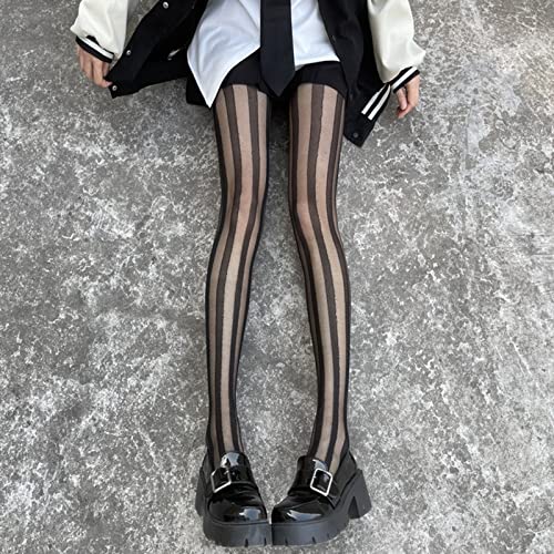 Women Sheer Pantyhose Black Striped Footed Tights Stockings3