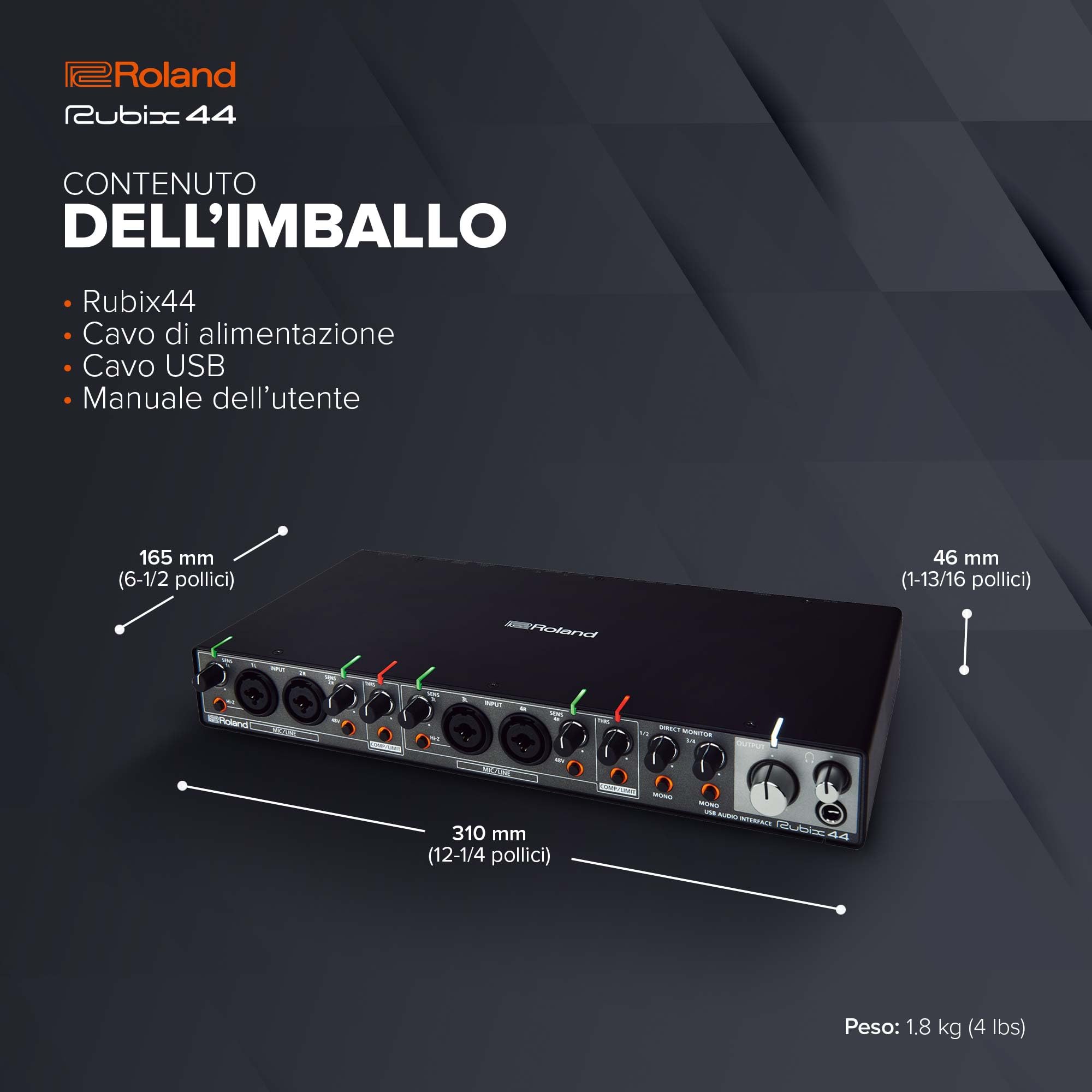 Interfaccia audio USB Roland Rubix44 4-In/4-Out | Audio ad alta risoluzione | Registrate con microfoni, chitarre, tastiere e altro | Costruzione compatta e durevole | Compatibile con Mac, PC & iPad