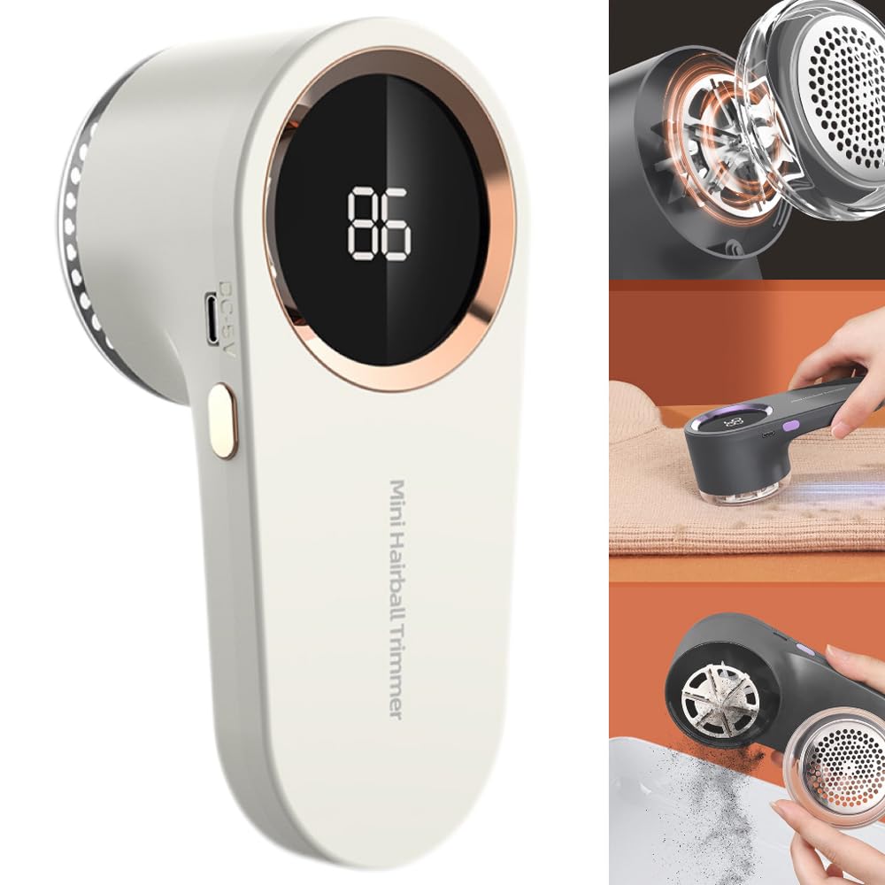 Rechargeable Fabric Shaver, Sweater Shaver with Smart Digital Display, with Stainless Steel 6 Blades, Ideal for Removing Hair Balls from Clothes, Blankets and Sofas. (White)