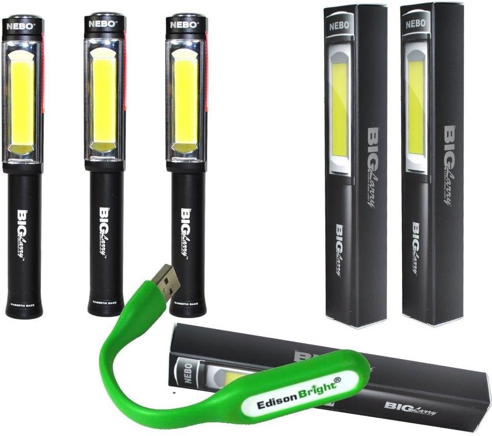 3 PACK 6306 Nebo Big Larry 400 lumen Flashlight COB LED Magnetic Super Bright Worklight with 9 X AA Batteries and EdisonBright USB powered reading light bundle