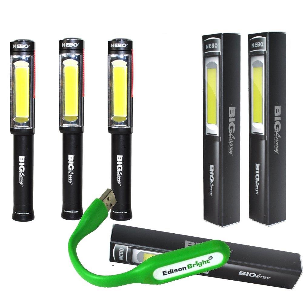 3 PACK 6306 Nebo Big Larry 400 lumen Flashlight COB LED Magnetic Super Bright Worklight with 9 X AA Batteries and EdisonBright USB powered reading light bundle