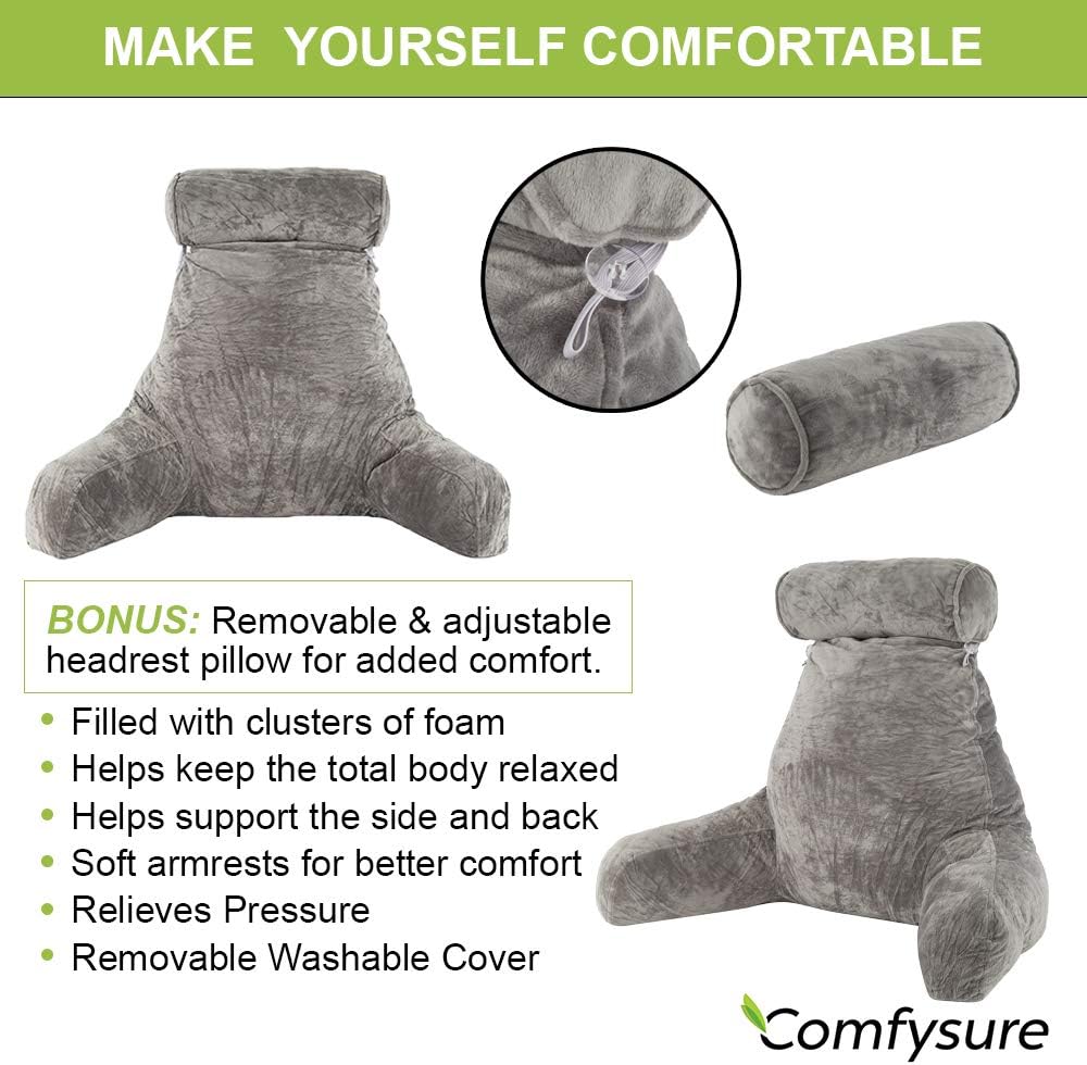 ComfySure Backrest Reading Pillow with Arms - Shredded Memory Foam - Husband Pillow Chair for Sitting Up in Bed to Rest with Head and Neck Support