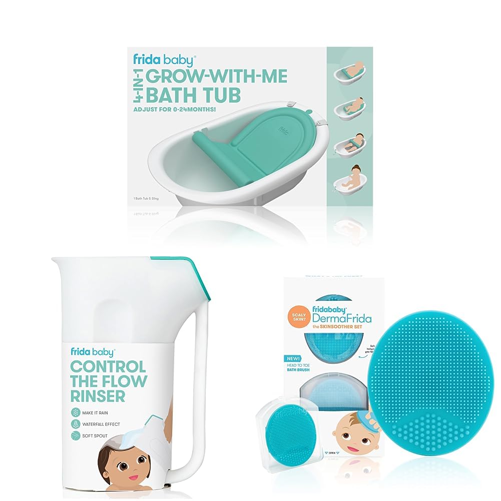 Frida Baby 4-in-1 Grow-with-Me Bath Tub Control The Flow Polypropylene ABS Rinser DermaFrida The SkinSoother Baby Bath Silicone